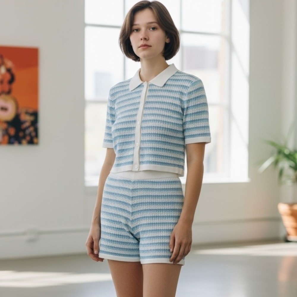 Striped Knit‎ Polo Shirt Shorts Set Light Blue White Casual Lounge Wear